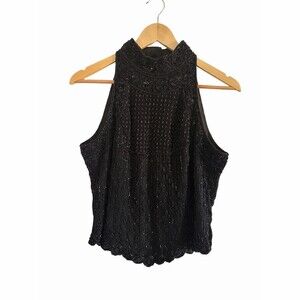 Vintage Papell Boutique Evening Blouse Womens M Black Beaded Halter Sleeveless